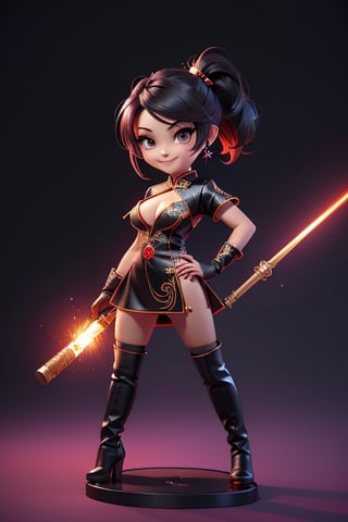 ((best quality)), ((masterpiece)), ((ultra-detailed)), high resolution, chibi girl, black ponytail, dark grey eyes, futuristic clothing, dynamic pose, cute, mischievous smile, happy, simple background, full body, 3DMM, chibi, dynamic pose, cyberpunk, black and red robe, long boots, big head, Color magic, Saturated colors, tiger motive robe, leather miniskirt, long_gloves, High detailed , baton, cleavage, oppai, chibi, sexy cheongsam, necklace, 