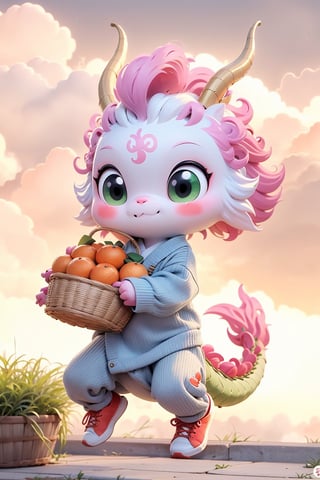 green dragon cute hopping happily surrounded by colorful clouds, long tail, tiny wings, chibi, big cute eyes, hanfu-style sweater, sport sneakers, holding a basket of oranges,