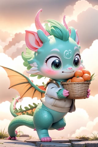 green dragon cute hopping happily surrounded by colorful clouds, long tail, tiny wings, chibi, big cute eyes, hanfu-style sweater, sport sneakers, holding a basket of oranges,