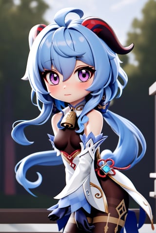 ganyu \(genshin impact\), chibi, pvc, render, 1girl, ahoge, bangs, bare shoulders, bell, black gloves, black pantyhose, ((blue hair)), blush, breasts, chinese knot, detached sleeves, flower knot, gloves, horns, long hair, looking at viewer, small breasts, neck bell, outdoors, pantyhose, purple eyes, sidelocks, solo, tassel, white sleeves, ((masterpiece)),chibi