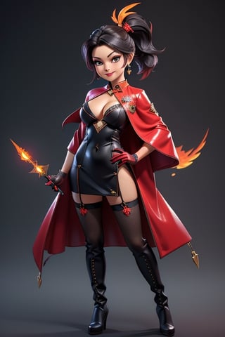 ((best quality)), ((masterpiece)), ((ultra-detailed)), high resolution, chibi girl, black ponytail, dark grey eyes, futuristic clothing, dynamic pose, cute, mischievous smile, happy, simple background, full body, 3DMM, chibi, dynamic pose, cyberpunk, black and red robe, long boots, big head, Color magic, Saturated colors, phoenix robe, leather miniskirt, long_gloves, High detailed , laser daggers, cleavage, oppai, short, sexy cheongsam, necklace, belly button, fishnet stockings