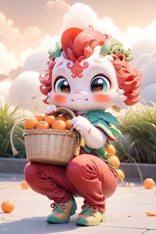 Green dragoncute squatting surrounded by colorful clouds, chibi, big cute eyes, holding a basket of oranges, chinese fire crackers on the floor