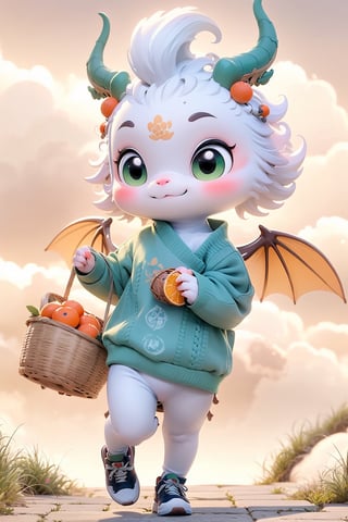 green dragon cute hopping happily surrounded by colorful clouds, long tail, tiny wings, chibi, big cute eyes, hanfu-style sweater, sport sneakers, holding a basket of oranges,