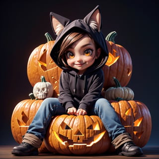 ((best quality)), ((masterpiece)), ((ultra-detailed)), high resolution, 1skeleton, chibi, cute skull facemask on top of head, futuristic clothing, cool pose, cute, smile, happy, simple background, full body, ((black hoodie with logo of pumpkin:1.2)), (jeans), 3DMM, High detailed, chibi, smiling, futuristic clothing, dynamic pose, cyberpunk, (hands in pocket), small cat ears on hoodie, pumpkin sofa
