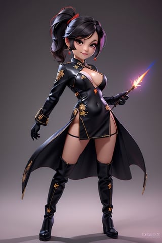 ((best quality)), ((masterpiece)), ((ultra-detailed)), high resolution, chibi girl, black ponytail, dark grey eyes, futuristic clothing, dynamic pose, cute, mischievous smile, happy, simple background, full body, 3DMM, chibi, dynamic pose, cyberpunk, black and red robe, long boots, big head, Color magic, Saturated colors, phoenix robe, leather miniskirt, long_gloves, High detailed , baton, cleavage, oppai, chibi, sexy cheongsam, necklace, belly button, nipples