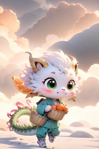 green dragon cute hopping happily surrounded by colorful clouds, long tail, tiny wings, chibi, big cute eyes, hanfu-style sweater, sport sneakers, holding a basket of oranges,