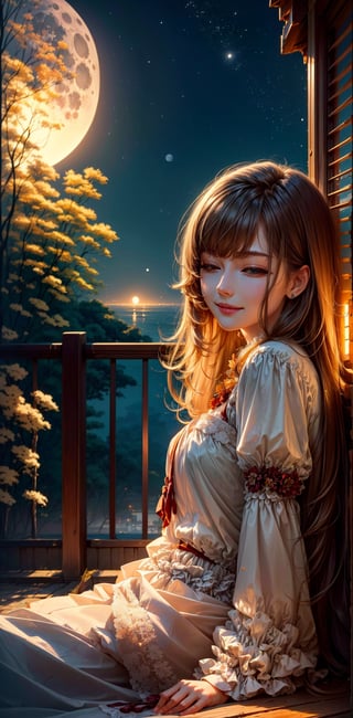 Dark night, absurderes, princess, sleeping gawn, high resolution, Ultra detailed backgrounds, highly detailed hair, 1girl in, Calm tones, (Geometry:1.42), (Symmetrical background:1.4),  korean 29 year old girls,  sit under the tree, Smiling, front view, Photograph the whole body ,frombelow ,Backlighting of natural light, falling petals, garden view,  long_hair,  wind blowing, stary night, night sky, full moon, the source of light is the moon light, slighty_chubby, romance_mood, romantic lamp,ellafreya,neolight 