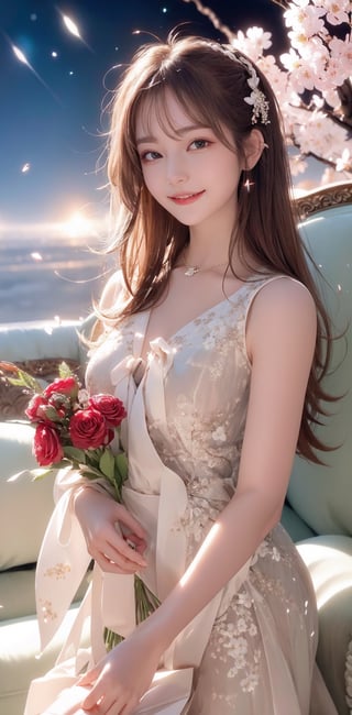 masterpiece, absurdres, hight resolution, 

standing on a rock looking at a star filled sky, cherry_blossoms, falling_petals, detailed background, cosmic skies.

in the sofa, 30-year-old girl, Smiling at the camera, Finish as shown in the photo, the skin is white and beautiful, inner colored, Hair should be tied back, flower in hand, ,better_hands