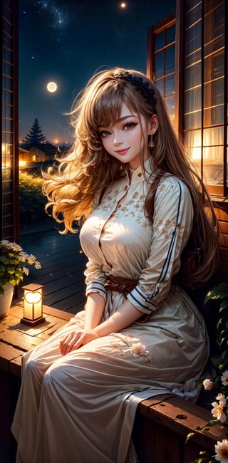 Dark night, absurderes, princess, high resolution, Ultra detailed backgrounds, highly detailed hair, 1girl in, Calm tones, (Geometry:1.42), (Symmetrical background:1.4),  korean 29 year old girls,  sit under the tree, Smiling, front view, Photograph the whole body ,frombelow ,Backlighting of natural light, falling petals, garden view,  long_hair,  wind blowing, stary night, night sky, full moon, the source of light is the moon light, slighty_chubby, romance_mood, romantic lamp,ellafreya,neolight 