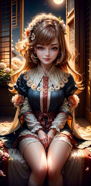 Dark night, absurderes, princess, high resolution, Ultra detailed backgrounds, highly detailed hair, 1girl in, Calm tones, (Geometry:1.42), (Symmetrical background:1.4),  korean 29 year old girls,  sit under the tree, Smiling, Photograph the whole body ,frombelow ,Backlighting of natural light, falling petals, garden view,  long_hair,  wind blowing, stary night, night sky, full moon, the source of light is the moon light, romance_mood, romantic lamp,ellafreya,neolight 