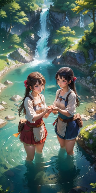Create a vivid and enchanting anime-style scene set in a fantasy world. In this scene, depict two beautiful girls immersed in a crystal-clear river, joyfully playing with the water. The river should be surrounded by lush, vibrant scenery, and the girls should be interacting with water in a playful and captivating way, with splashes adding to the magic of the moment. Capture the beauty of this friendship and the serene, picturesque atmosphere of their surroundings, making it a truly captivating and enchanting image. ((Perfect face)), ((perfect eyes)), ((super realistic high quality image)),