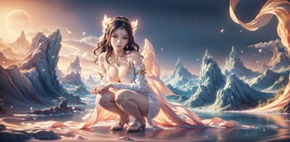 （（（tmasterpiece）））, （（（best qualtiy））））, offcial art, the Extremely Detailed CG Unity 8K Wallpapers, （（sketching）））, the night, Sateen, Beautiful detailed sky, intricate outfits, Gorgeous costumes,

beautiful detailed water, GameCG, hugefilesize, sketching, 独奏, Girl, angelicales, long white hair, hair between eye, Hair behind the ears, white colored eyelashes, beatiful detailed eyes, expressionless eyes, gold eyes, half closed eyes, shoe, The halo, necklace, looking-down, Squat, blown hair, Feather ornament, leaf hair ornament, ln the forest, by lake,
(（Bigchest）））, （（（golden robes）））, longer sleeves, bandagens, Black silk eye patch, elvish ears, （（（Golden wings）））, A giant phoenix, Phoenix wings, holy rays, High detailed , ellafreya, 