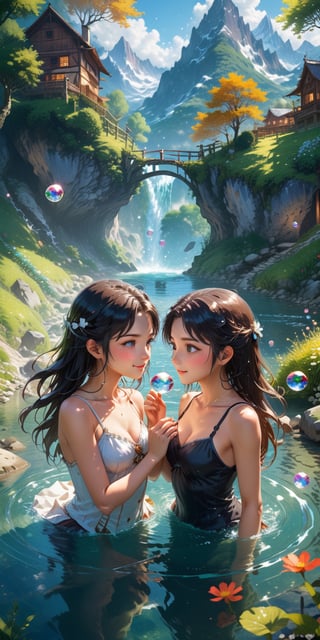 Create a vivid and enchanting anime-style scene set in a fantasy world. In this scene, depict two beautiful girls immersed in a crystal-clear river, joyfully playing with the water. The river should be surrounded by lush, vibrant scenery, and the girls should be interacting with water in a playful and captivating way, with water bubbles and splashes adding to the magic of the moment. Capture the beauty of this friendship and the serene, picturesque atmosphere of their surroundings, making it a truly captivating and enchanting image. ((Perfect face)), ((perfect eyes)), ((super realistic high quality image)),