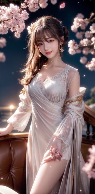 masterpiece, absurdres, hight resolution, 

standing on a rock looking at a star filled sky, cherry_blossoms, falling_petals, detailed background, cosmic skies.

in the sofa, 30-year-old girl, Smiling at the camera, Finish as shown in the photo, the skin is white and beautiful, inner colored, Hair should be tied back, flower in hand, 