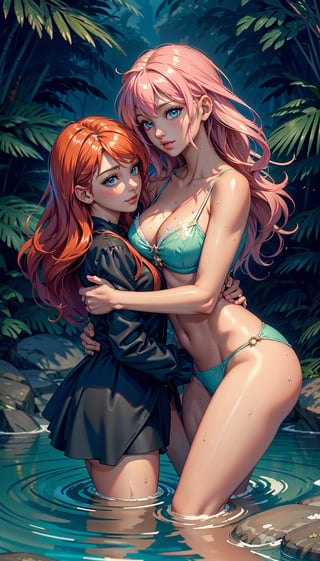 Create a vivid and enchanting anime-style scene set in a fantasy world. In this scene, depict two beautiful girls immersed in a crystal-clear river, joyfully playing with the water. The river should be surrounded by lush, vibrant scenery, and the girls should be interacting with water in a playful and captivating way, with splashes adding to the magic of the moment. Capture the beauty of this friendship and the serene, picturesque atmosphere of their surroundings, making it a truly captivating and enchanting image. ((Perfect face)), ((perfect eyes)), ((super realistic high quality image)),