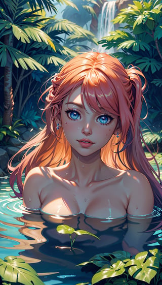 Create a vivid and enchanting anime-style scene set in a fantasy world. In this scene, depict two beautiful girls immersed in a crystal-clear river, joyfully playing with the water. The river should be surrounded by lush, vibrant scenery, and the girls should be interacting with water in a playful and captivating way, with splashes adding to the magic of the moment. Capture the beauty of this friendship and the serene, picturesque atmosphere of their surroundings, making it a truly captivating and enchanting image. ((Perfect face)), ((perfect eyes)), ((super realistic high quality image)), 