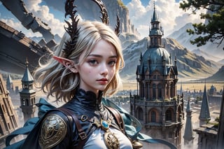 Amidst the smoldering sky, a Viking-inspired treehouse perches precariously on the branch of a wrench-shaped ancient elven tree. The once-thriving elven city lies in ruins, with crumbling spires and grand halls reduced to rubble. Ominous Nordic statues stand sentinel at the mountain's peak, their faces aglow with an otherworldly light. The air is heavy with the scent of smoke and ash as a lone figure, cloaked in shadows, peers out from the treehouse window, surveying the desolate landscape.