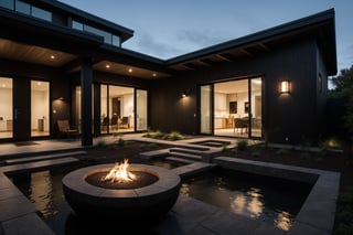 A serene photo-realistic depiction of a modern Japanese Black House, situated amidst a tranquil atmosphere. The structure's façade is a striking black with stone accents, punctuated by large windows that allow natural light to filter in. A minimalist approach has been taken with the design, allowing the building's clean lines and angular shapes to take center stage. The roof, too, is black, blending seamlessly into the surrounding landscape. In the foreground, an asian inspired garden courtyard with shrubery, calming water pools, modern fire pit, and decorative pots invites contemplation, its simple beauty enhanced by the stark contrast of the house's dark exterior.