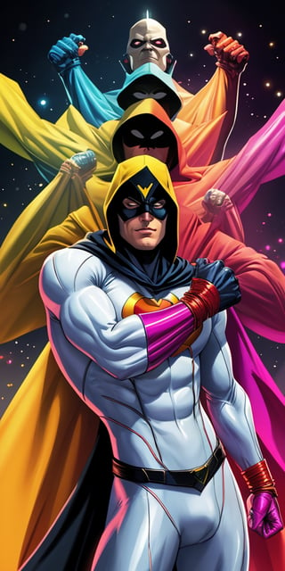 Space Ghost character,  solo male, thunder yellow cape, tight white suit, black hooded mask, red wrist cuffs and red belt, Darf Punk wlop glossy skin, ultrarealistic tough superhero, ominus pose, holographic, neon holographic texture, the style of wlop, space, ,l4tex4rmor,Strong Backlit Particles