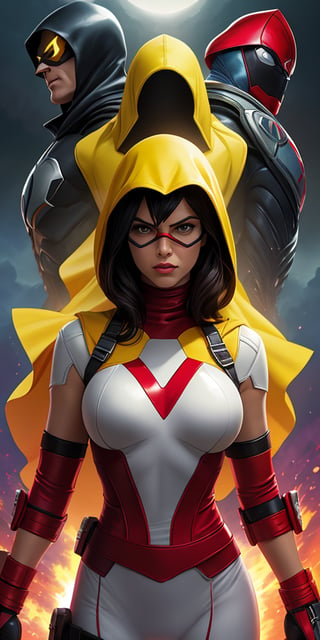 Space Ghost character,  solo female, thunder yellow cape, tight white suit, black hooded mask, red wrist cuffs and red belt, Darf Punk wlop glossy skin, ultrarealistic tough superhero, space helm 60s, holographic, holographic texture, the style of wlop, space, ,l4tex4rmor