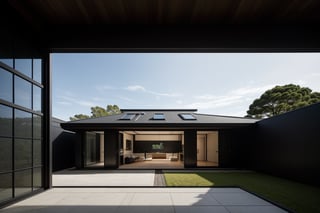 A serene photo-realistic depiction of a modern Japanese Black House, situated amidst a tranquil atmosphere. The structure's façade is a striking black with stone accents, punctuated by large windows that allow natural light to filter in. A minimalist approach has been taken with the design, allowing the building's clean lines and angular shapes to take center stage. The roof, too, is black, blending seamlessly into the surrounding landscape. In the foreground, a stone-paved courtyard invites contemplation, its simple beauty enhanced by the stark contrast of the house's dark exterior.