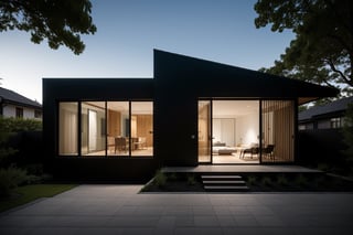 A serene photo-realistic depiction of a modern Japanese Black House, situated amidst a tranquil atmosphere. The structure's façade is a striking black with stone accents, punctuated by large windows that allow natural light to filter in. A minimalist approach has been taken with the design, allowing the building's clean lines and angular shapes to take center stage. The roof, too, is black, blending seamlessly into the surrounding landscape. In the foreground, a stone-paved courtyard invites contemplation, its simple beauty enhanced by the stark contrast of the house's dark exterior.