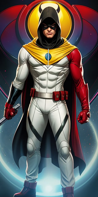 Space Ghost,  solo Male, thunder yellow cape, tight white suit, black hooded mask, red wrist cuffs and red belt, Darf Punk wlop glossy skin, ultrarealistic tough superhero, space helm 60s, holographic, holographic texture, the style of wlop, space, ,l4tex4rmor