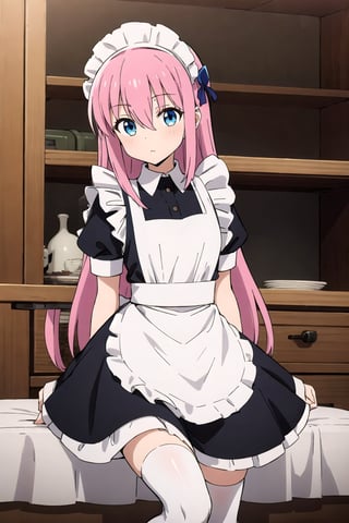 masterpiece, best quality, 1girl, solo, long hair, looking at viewer, blue eyes, hair ornament, thighhighs, dress, bow, hair between eyes, pink hair, short sleeves, alternate costume, apron, white thighhighs, wrist cuffs, maid, maid headdress, maid apron, enmaided, cube hair ornament, gotou hitori,bocchi style