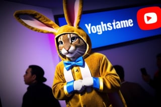Rabbit in a costume carrying in his hands a Youtube poster