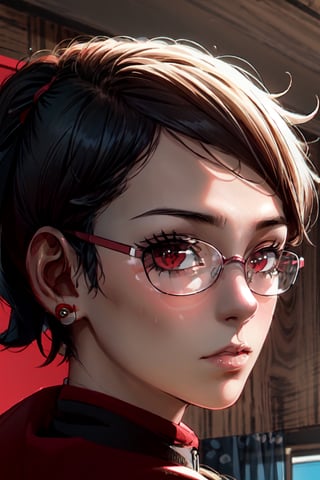masterpiece, best quality, ultra detailed, 1girl ,solo,sarada, glasses, background_sky, universe , pov_eye_contact,red_eyes,