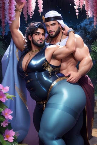 (masterpiece), 3d best clear quality, beautiful clear eyes, clear perfect man face, handsome beard man, charming smiling face man, face male, he has short hair, handsome man beard face, big huge extra fatty breast boobs, skinny tummy and backside, hourglass body shape waistline, big extra wide curvy hips, curvy body, big extra beefy extra fatty round butt, big man bigger bugles bigger, big extra beefy wide fatty thighs, man oil shining wet body, under the flowers falling, wearing beautiful arabian style man dress jewelry, big fatty butt, man body, high quality, man handsome face, big fatty ass, extra big size curvy wide hips, extra round beefy big extra fatty butt, handsome horny face arabian horny man, in beautiful rainy night, laying down, 2 horny arabian style beautiful dress homosexual men, horny seducing looks, arabian romancing, arabian kissing, laying down, butt posing butt, sex position, arabian dress, 2 homosexual men, laying down, details 3d best quality high quality clear details, MaleBliss,mature,Realism,round ass,grabbing another's ass,Male focus,yoav_even, men,Photography