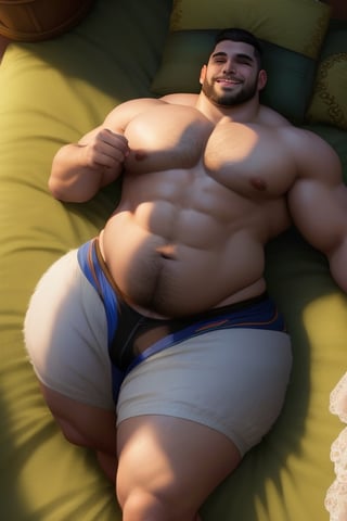 (masterpiece), 3d best quality, handsome charming beard man , short hairs, beautiful smiling, extra wide chest, extra fat pecs, slim tummy, hourglass body shape waistline, curvy wide hips, curvy body shape, perfect wide round fat ass, beefy wide and curvy fat thighs, wearing sexy costume, in the room, laying down, showing ass,mature