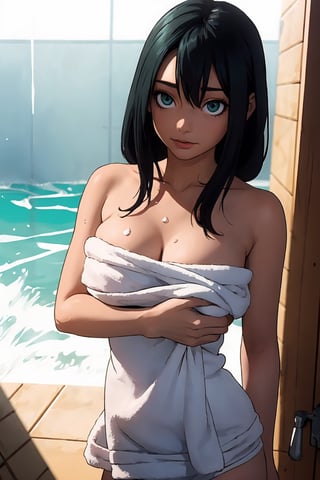 (((masterpiece))), (((best quality))), ((ultra-detailed)), (illustration), ((an extremely delicate and beautiful)),dynamic angle,floating, (beautiful detailed eyes), (detailed light),ultrahigh resolution,shy girl,large breast,（dark sea green hair/hirblack eye）,a beautiful,（bathroom）,（(A towel around the body）),very delicate water,（mist）,,,asui_tsuyu
