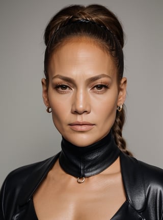 (NSFW) professional photography, passport photo, Jennifer Lopez 70 years old , small black thin leather collar, 1 braided_ponytail , large ear rings, perfect eyes, look at viewer, photo only face,