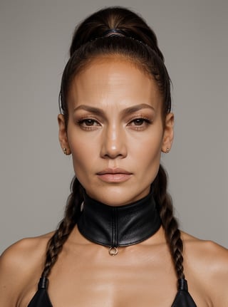 (NSFW) professional photography, passport photo, Jennifer Lopez 53 years old , black thin leather collar, braided_ponytail , ear rings, perfect eyes, look at viewer, photo only face,