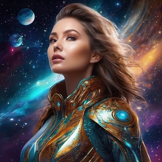 year 2124, future dress, woman 20 years, breathtaking, insane detailed, best quality, science fiction, space colors, starlight