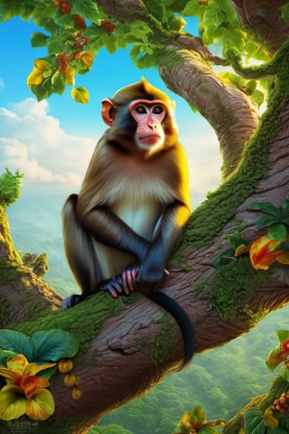 Monkey in tree, masterwork, 16k resolution, extravagant colors, incredibly detailed, hopefull, funny, joke, kitchenfull