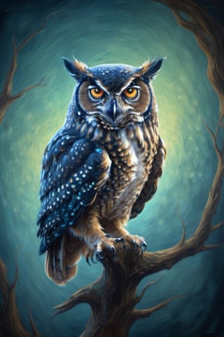 oil on canvas, owl, fantasy, magical, fairytale, best quality, 8k, timeless,Leonardo Style
