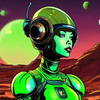 little green female from mars, comic style, funny, aliens, verry detailed, best quality, exotic, Science Fiction, 8k, vibrant colors