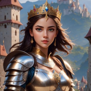 Princess in armor, tiara on her head, 20 years old, sword in her hand, beautiful eyes, looking to the viewer, highly detailed, 8k, intense, surprising, inovative