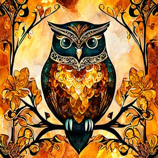 Lace painting, owl, Fantasy, Amber, Jade, Rubin, Marble