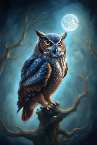 oil on canvas, owl, fantasy, magical, fairytale, best quality, 8k, timeless,Leonardo Style