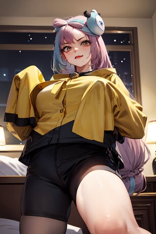Standing, fang,((highly detailed)),((perfect anatomy)),masterpiece,scenery,intricately detailed, hyperdetailed, blurry background, depth of field, best quality, intricate details,  tonemapping, sharp focus, hyper detailed, high 1res, ((at night)),((in bed room)),iono1,long hair, yellow jacket, long sleeves, hair ornament,short pants, from below 
