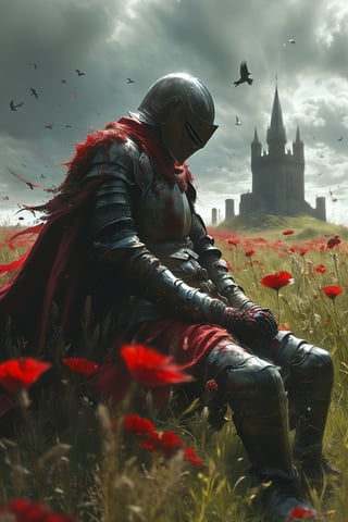 8k, best quality, sharp focus, perfect, masterpiece,
solo, 1boy, sitting, weapon, flower, male focus, boots, outdoors, sword, cape, armor, bird, helmet, grass, red flower, shoulder armor, gauntlets, 1other, field, greaves, knight, full armor,soul knight