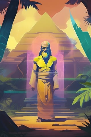 A long shot photo of a translucent flying spiritual hologram of old wise tayrona man, ancient shrine in the jungle, cel shading, low poly, videogame character, flat shading, painted by moebius