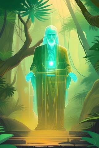 A long shot photo of a translucent flying spiritual hologram of old wise tayrona man, ancient shrine in the jungle, cel shading, low poly, videogame character, flat shading, painted by moebius