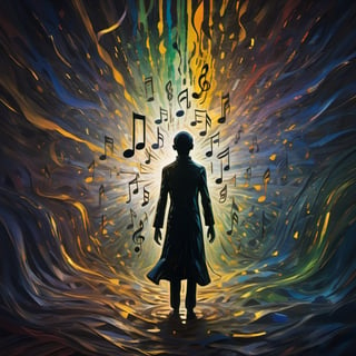 (exquisite illustration:1.4), (masutepiece:1.0), (Best quality:1.4), (超High resolution:1.2), dark vibes, ((a painting of a shadow figure stands in the center of a chaotic scene filled with overlapping, translucent musical notes and jarring, abstract shapes.)), oil painting, blurry, oil shade, style of Edvard Munch,Renaissance Sci-Fi Fantasy,ColorART