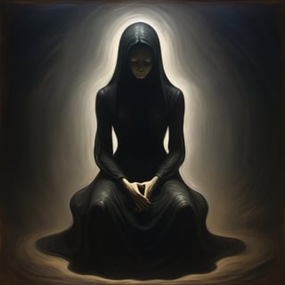 (exquisite illustration:1.4), (masutepiece:1.0), (Best quality:1.4), (超High resolution:1.2), dark vibes, ((a painting of a shadow figure seated in a hunched position, surrounded by faint, ghostly whispers and ethereal floating words against a dark, blurred background.)), oil painting, blurry, oil shade, style of Edvard Munch,Renaissance Sci-Fi Fantasy,darkart