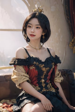 (Upper body, cowboy shot), detailed clothing, (exquisite illustration:1.4), (masutepiece:1.0), (Best quality:1.4), (超High resolution:1.2), (Actual photography:1.4), (8K, Raw:1.2), (Soft focus:1.4), (20 years:1.3), (Clear focus:1.4), (Renaissance art:1.4), Beautifully detailed face, Super detailed face, Detailed lips, detailed eyes, Looking straight, 1girl, ((queen sitting on her golden throne)), in a royal palace kingdom, queen attire, short hair, freckles, open mouth, smile, :d, skirt, black_skirt, miniskirt, pleated_skirt, shirt, dress, red_skirt, bare_shoulders, red_dress, spaghetti_strap, feather_boa, fur-trimmed_coat, fur-trimmed_jacket, fur_coat, fur_collar, fur_trim, fur, (big golden crown, golden necklaces, golden earrings, golden accesories), bright movie lighting, a spiritual and intense gaze, sparkling and incandescent, bright golden symbolism, JKT48Ouja, fr3y4, watercolor