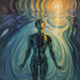 ((abstract painting:1.3)) in the style of David Schnell, oil on canvas, Leipzig School, (exquisite illustration:1.4), (masutepiece:1.0), (Best quality:1.4), (超High resolution:1.2), dark vibes, ((a painting of a figure lies in a shallow pool of water, looking up at the sky. The water casts rippling shadows over their face, creating an illusion of depth and movement.)), oil painting, blurry, oil shade, style of Edvard Munch,Renaissance Sci-Fi Fantasy,ColorART,abstract paintings